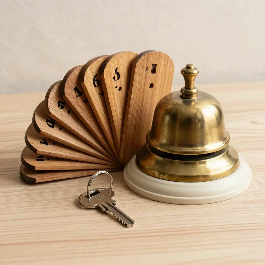Campanello in ottone, dischetti in legno e portaprenotazioni crema su legno chiaro.
