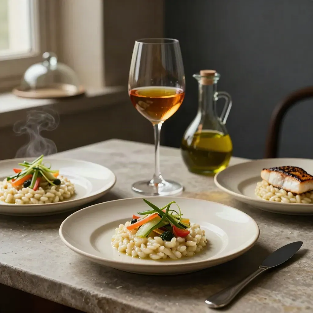 Tre piatti degustazione, calice, oliera e cloche su mensola in pietra, luce calda