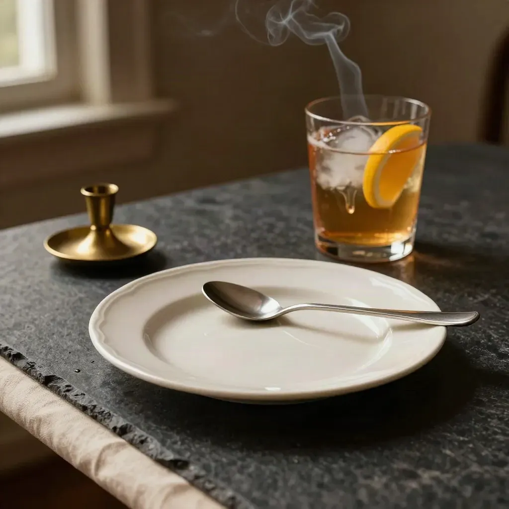 Piatto dessert vuoto, spritz a metà e candela su tavolo scuro con luce soffusa.