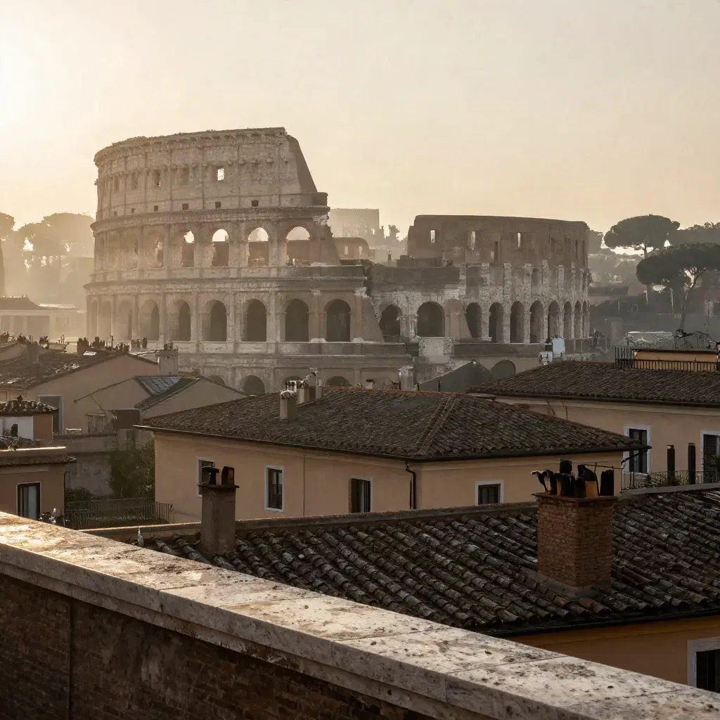 Colosseo all’alba tra i tetti di Roma, avvolto nella foschia dopo la pioggia.