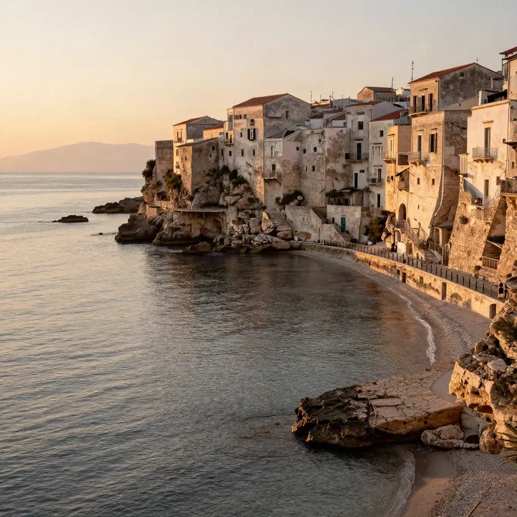 Costa del Lazio al tramonto con borgo su scogliera e mare calmo