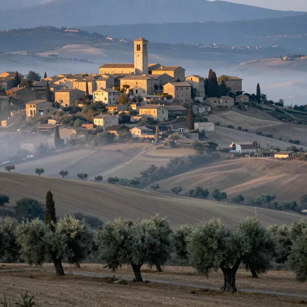 Assisi tra colline di ulivi e nebbia mattutina in Umbria