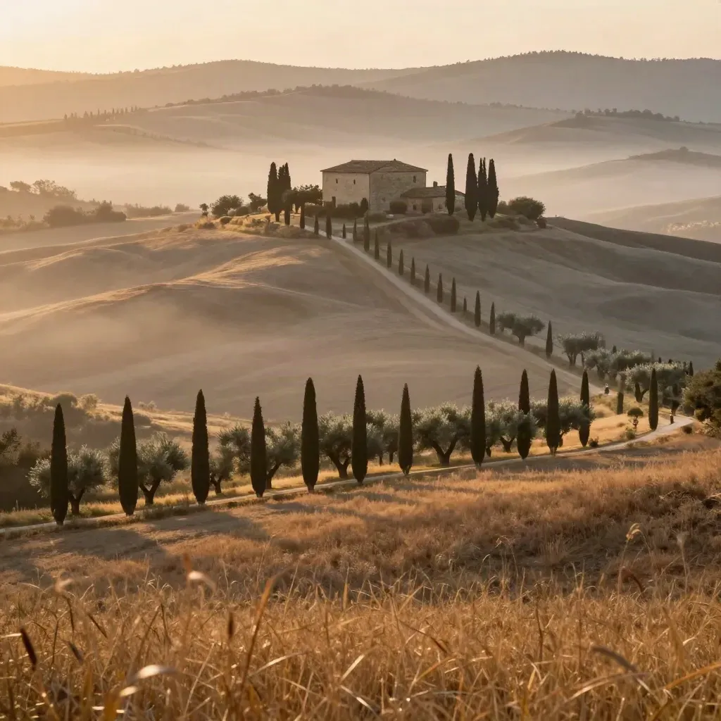 Paesaggio toscano all’alba con cipressi, casale e colline morbide nella nebbia dorata