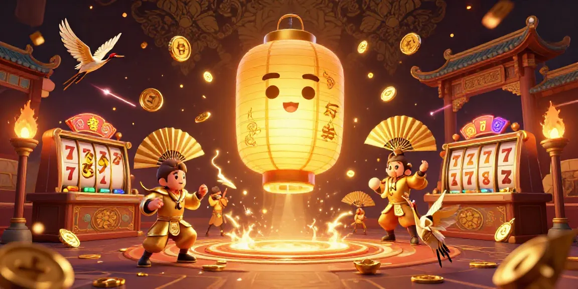 Experience the vibrant action of slots with s666hn's enchanting 3D golden lantern spirit above a bustling casino.