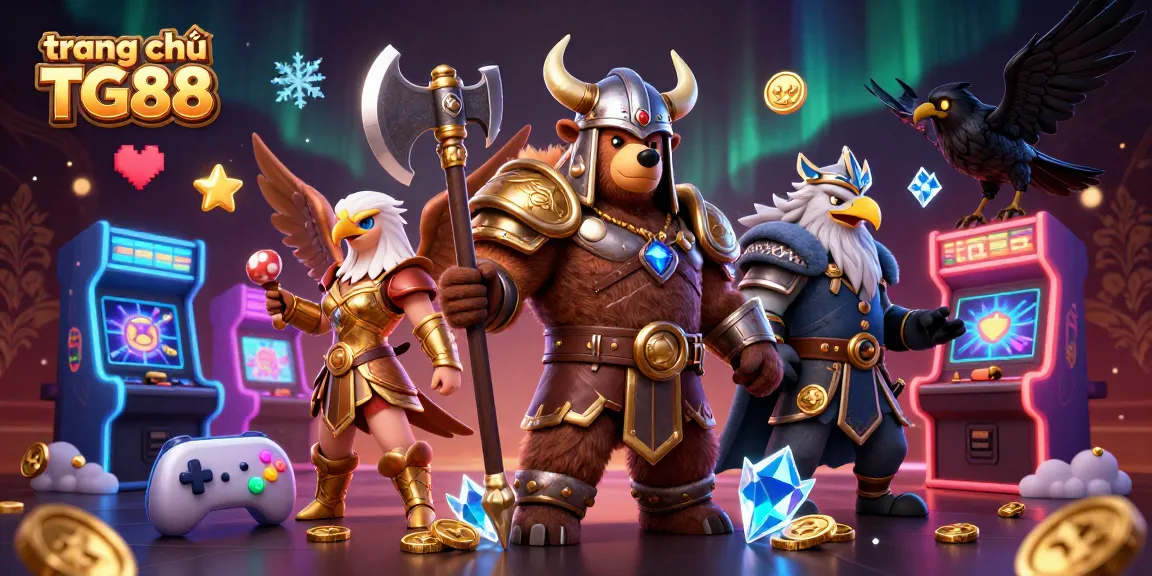 Experience thrilling gameplay at trang chủ TG88 with a Viking bear and Valkyrie eagle amidst vibrant casino elements.