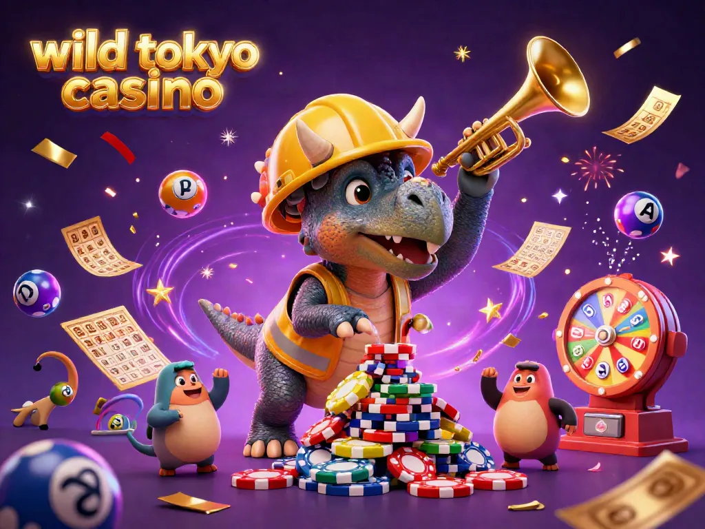 Experience the excitement at wild tokyo casino with lively cartoon characters celebrating a poker chip pyramid.
