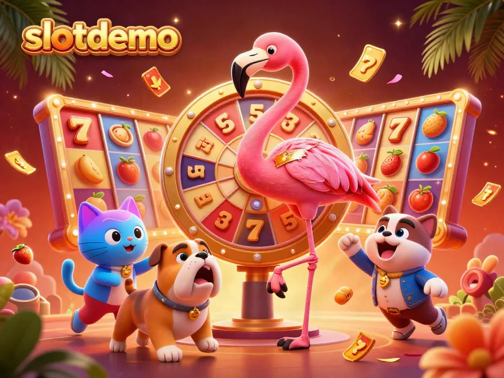 Experience thrilling wins in slotdemo with a vibrant 3D game show scene featuring engaging characters and exciting slot elements.