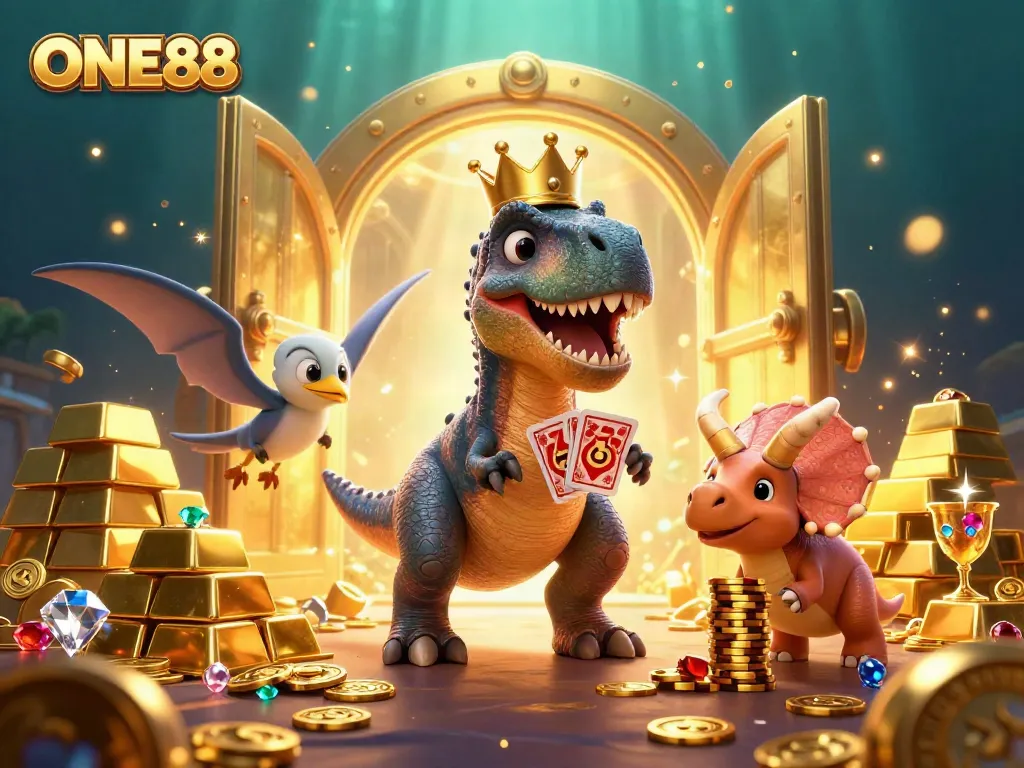 ONE88 reveals thrilling casino adventures with a T-Rex, chips, and treasure in a vibrant 3D scene.