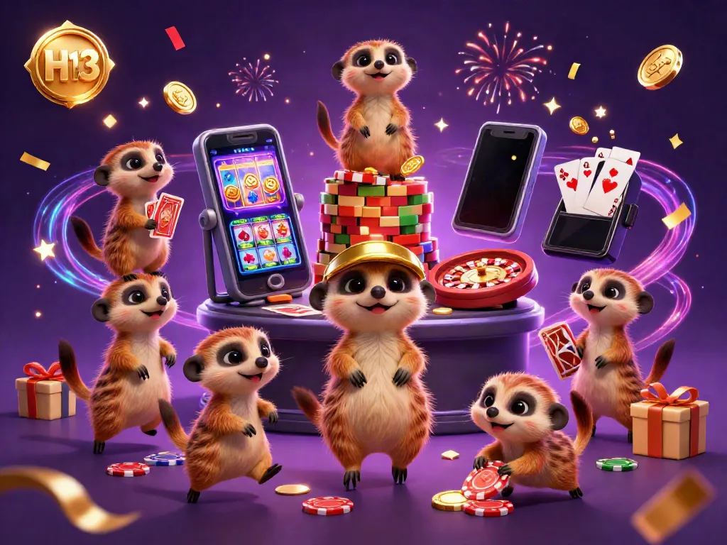 Engage in dynamic casino adventures at H 13 with meerkats running the operation, colorful slot games, and celebratory effects.