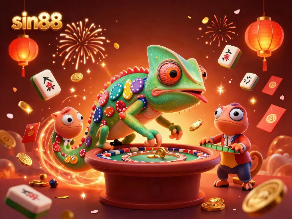 Experience thrilling casino action with sin88's vibrant chameleon mascot showcasing riches and excitement.