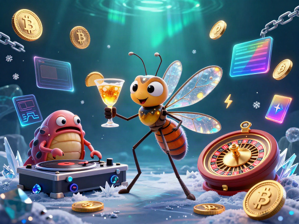Exciting kèo nhà cái scene featuring a whimsical mosquito mascot cocktail and fossil DJing near a golden roulette wheel.