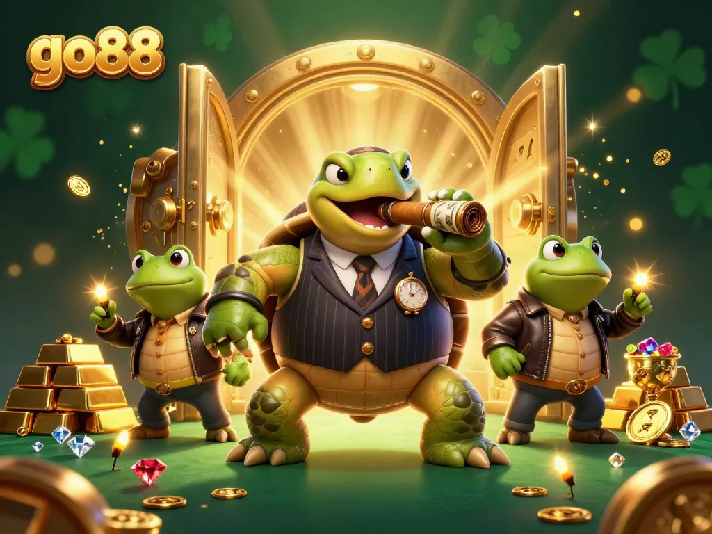 Experience the excitement of go88 with this lively 3D illustration, featuring a snapping turtle mobster and bullfrog enforcers.