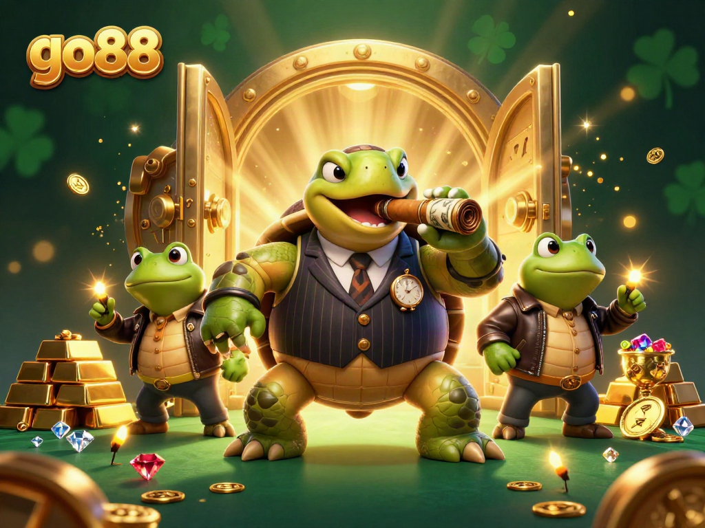 Experience the excitement of go88 with this lively 3D illustration, featuring a snapping turtle mobster and bullfrog enforcers.
