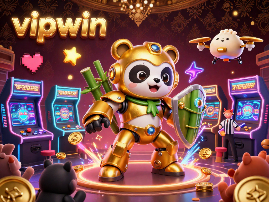 Experience the excitement of vipwin casino with a mech-suit panda in a festive gambling arena.