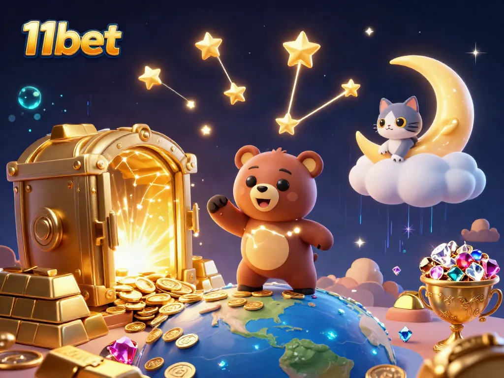 Win big with 11bet in this vibrant, ultra-detailed 3D casino game scene filled with treasures.