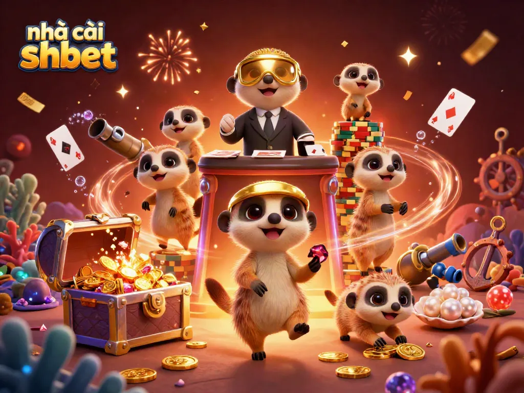 Experience the world of nhà cái shbet with cartoon meerkats running a vibrant casino operation.