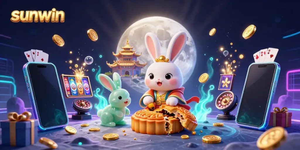 Experience the world of sunwin with a vibrant 3D illustration of a moon rabbit and casino elements.