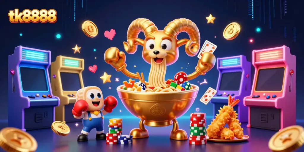 Engage in dynamic gaming at tk8888 with vibrant characters, arcade machines, and casino elements.