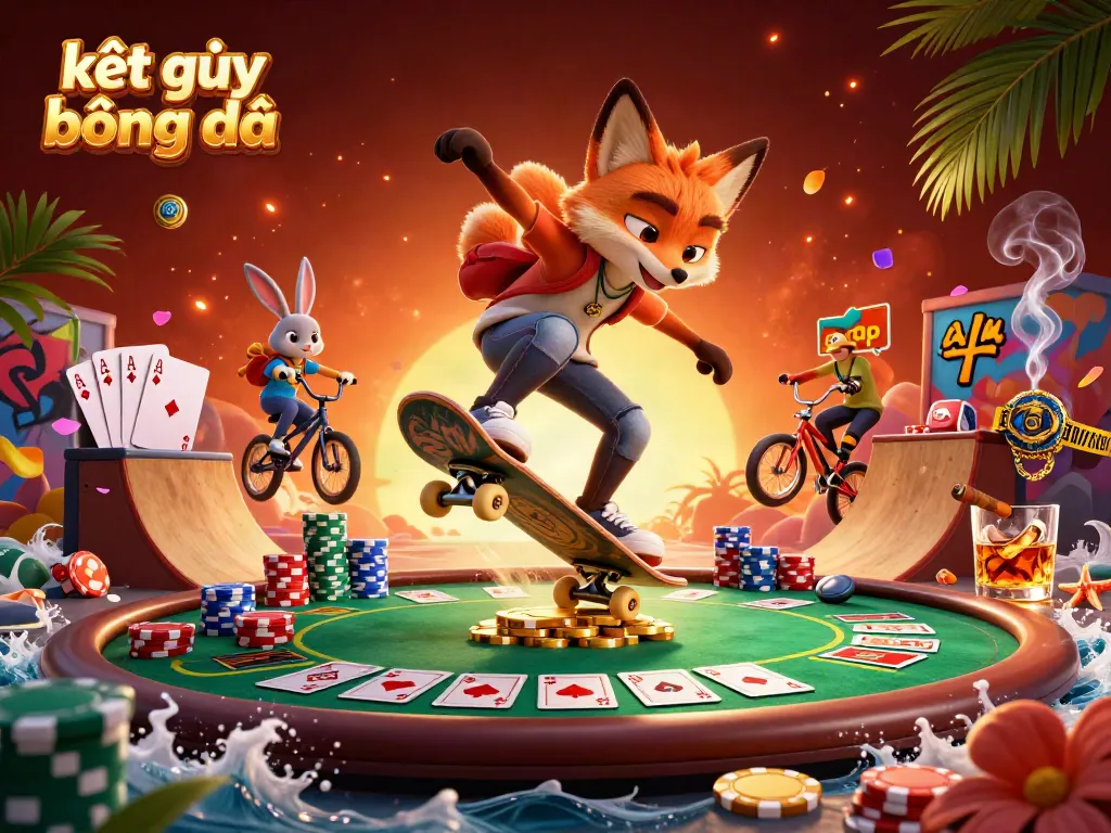 Kết quả bóng đá illustrated with a skateboarder fox and BMX-riding rabbit in a vibrant casino scene.