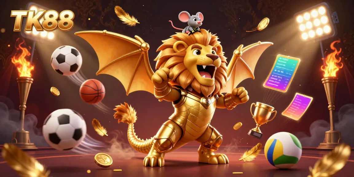 Experience thrilling action at TK88 with an exciting 3D casino scene featuring dynamic sports elements and a triumphant chimera.