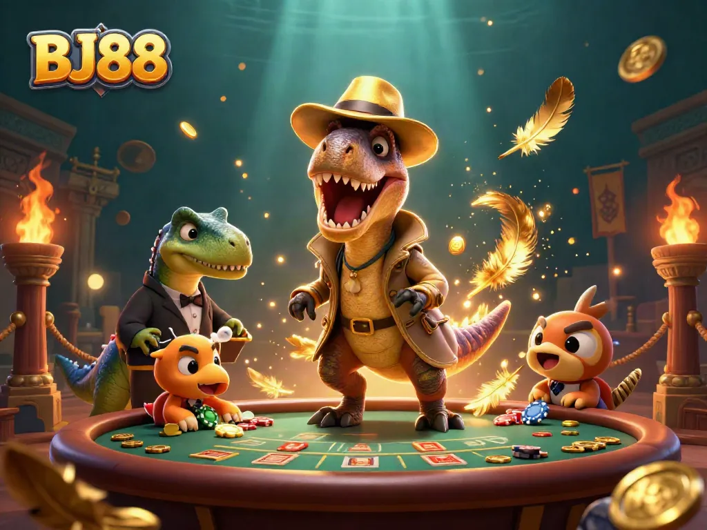 BJ88 casino experience featuring a velociraptor card counter at a blackjack table with vibrant visuals and lively atmosphere.