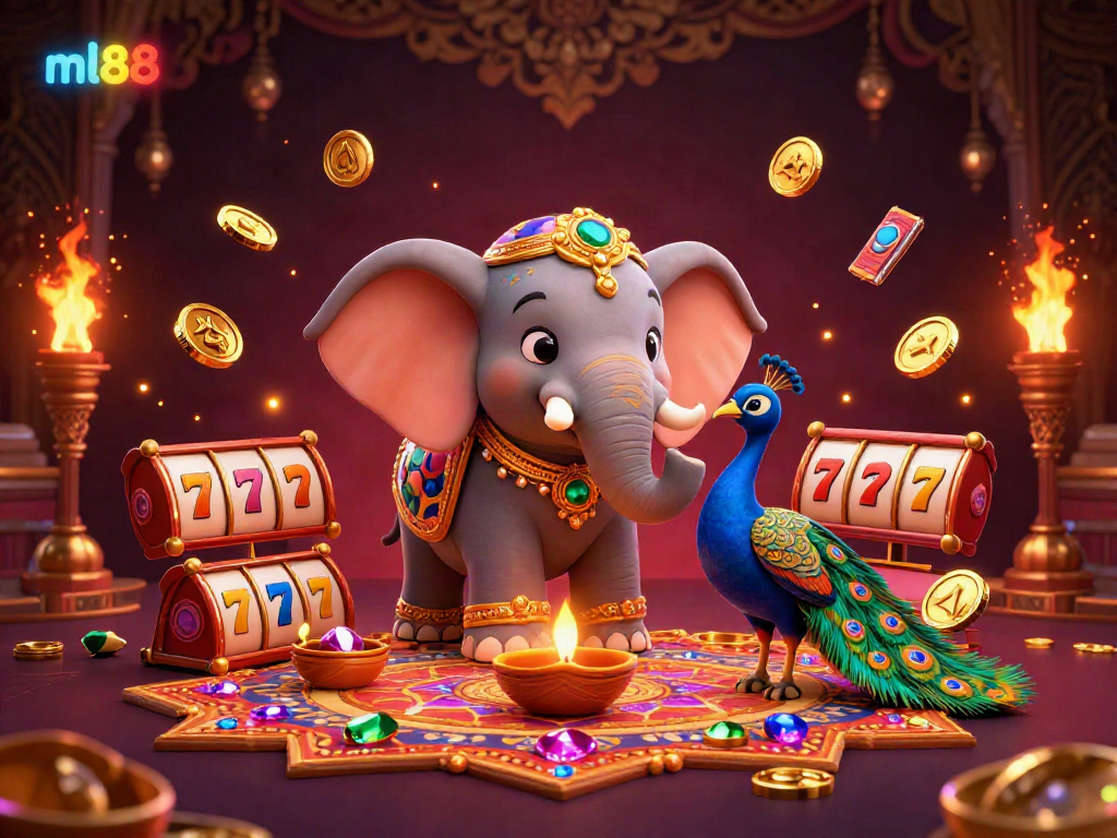 Win big at ml88 with a vibrant 3D casino scene filled with festive symbols and gaming elements.
