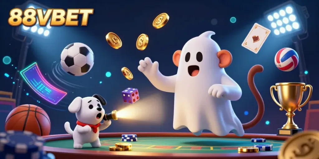 Experience thrilling gameplay at 88VBET with playful monkey and puppy in a lively casino scene.