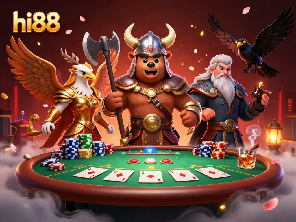 Engage in thrilling poker action with hi88's Viking champ in a vibrant casino scene.