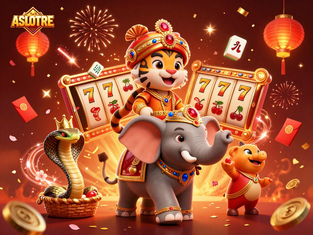 Engage with ASLOTRE's stunning illustration of a vibrant casino scene featuring a maharaja tiger and a jewel elephant.