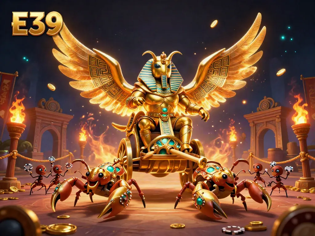 E39 casino illustration showcasing a golden scarab beetle with poker chips, evoking excitement and winning potential.