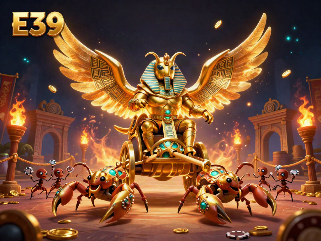 E39 casino illustration showcasing a golden scarab beetle with poker chips, evoking excitement and winning potential.