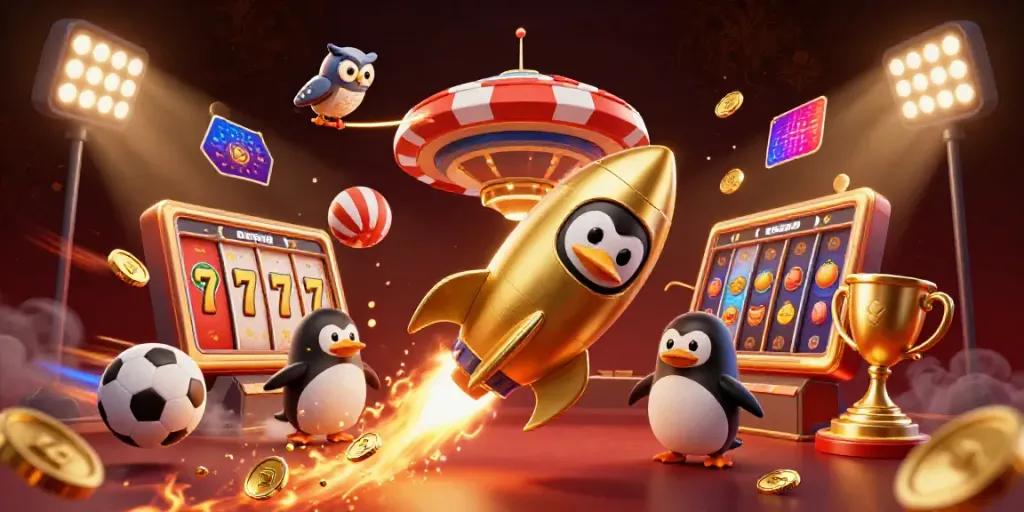 Experience thrilling gaming action with manclub's golden penguin blasting towards a giant poker chip-shaped casino, amidst dynamic game elements.