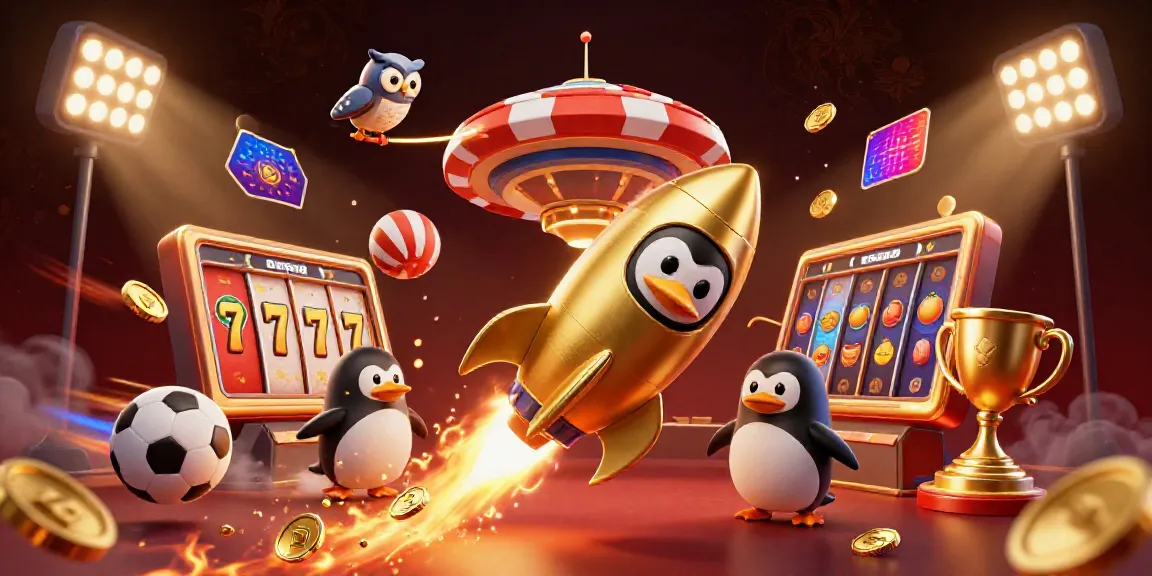 Experience thrilling gaming action with manclub's golden penguin blasting towards a giant poker chip-shaped casino, amidst dynamic game elements.