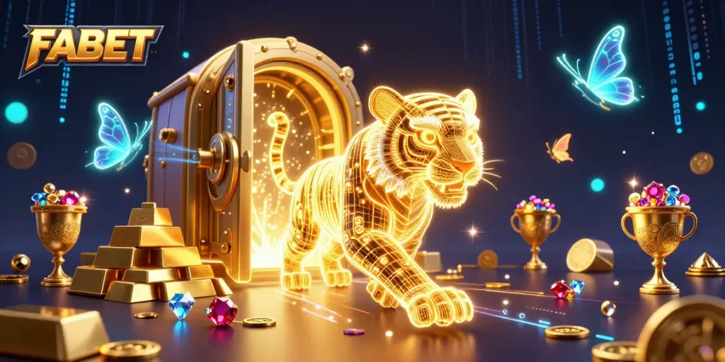 FABET's golden tiger character explores a dazzling casino landscape packed with rewards.