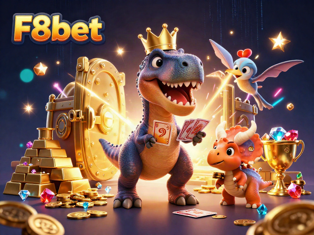 F8bet T-Rex card game illustration with gold treasures in a vibrant casino setting.