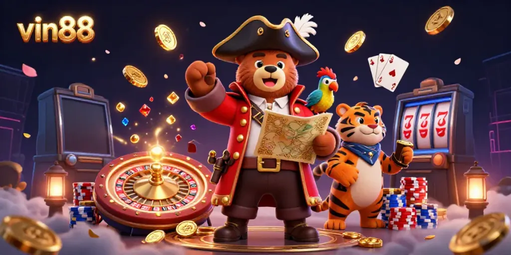 Experience the vibrant gamescape of vin88 featuring a cartoon pirate captain bear and tiger in a dazzling casino.