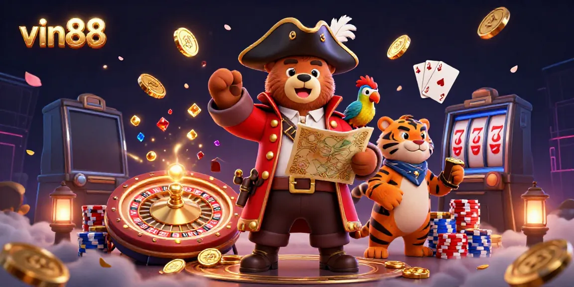 Experience the vibrant gamescape of vin88 featuring a cartoon pirate captain bear and tiger in a dazzling casino.