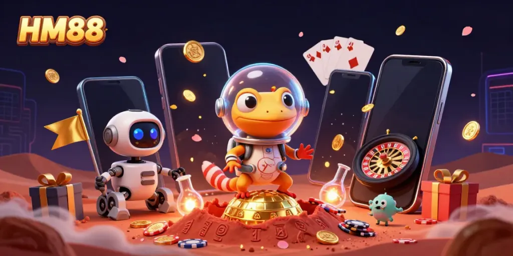 Experience HM88's vibrant Martian casino adventure with a gecko and robot amidst thrilling games.