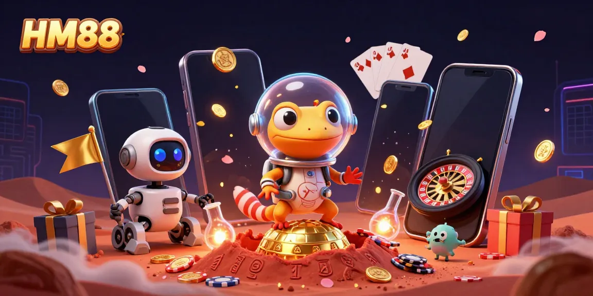 Experience HM88's vibrant Martian casino adventure with a gecko and robot amidst thrilling games.