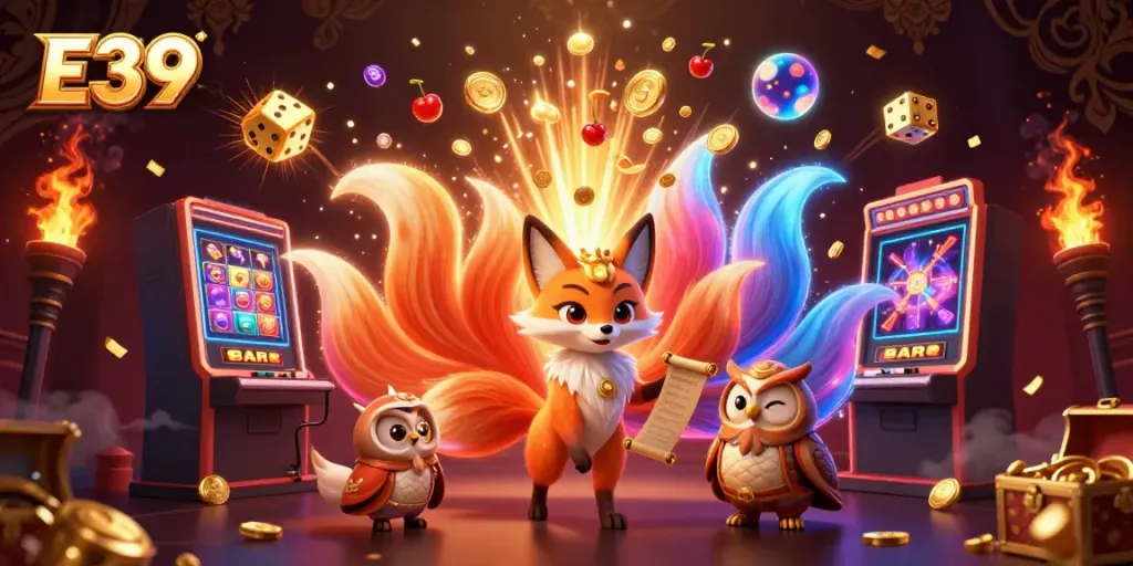 E39 offers vibrant gameplay with a mystical fox spirit and enchanted owl amidst a casino extravaganza.
