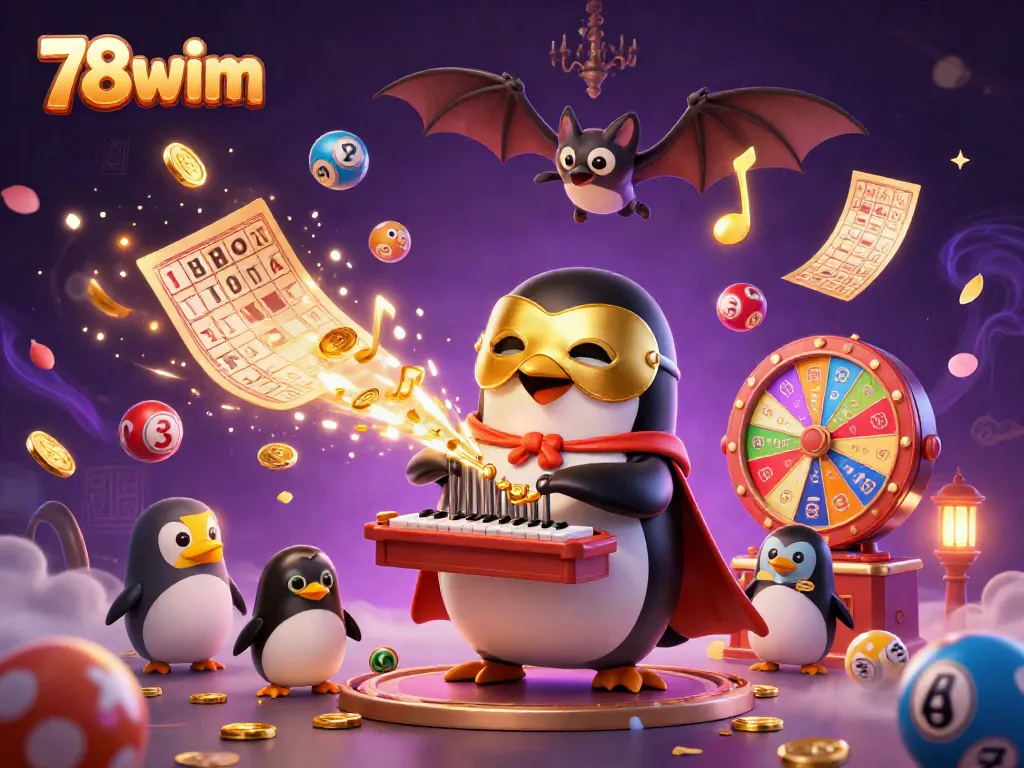 Win exciting prizes with 78wim in a vibrant 3D casino illustration featuring dynamic game elements.