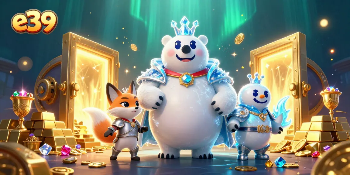 Engage with e39's dazzling jackpot scene, featuring a dynamic polar bear king and silver fox amidst swirling treasures.