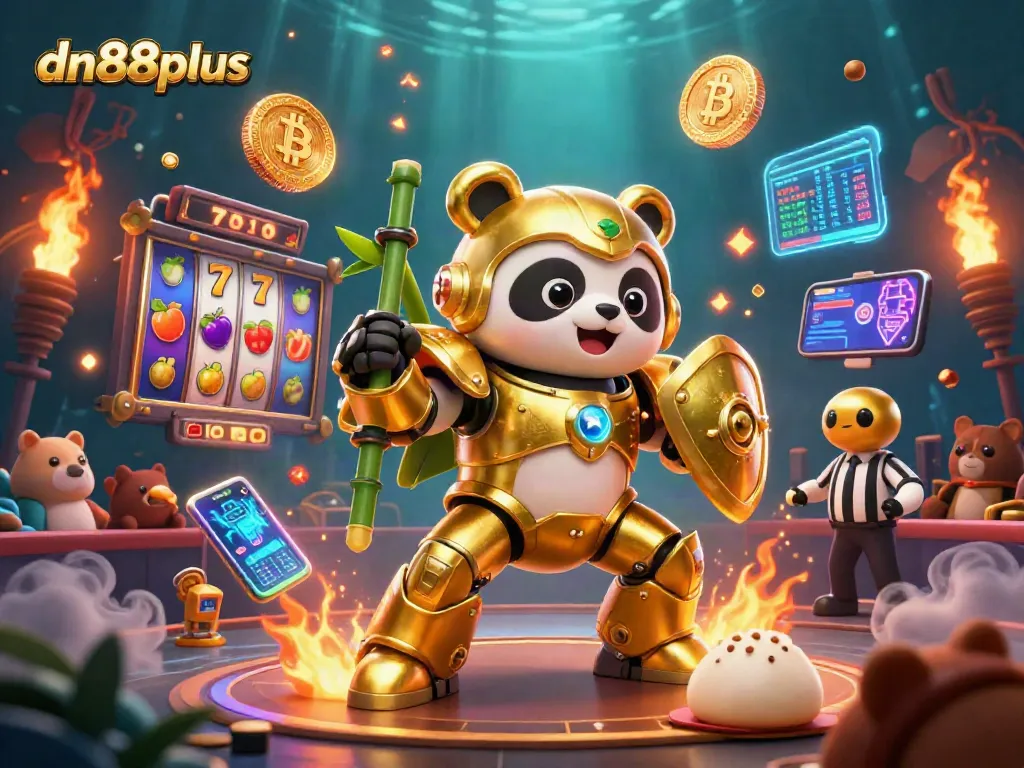 Engage in thrilling casino action with dn88plus, where a golden panda battles in a lively arena.