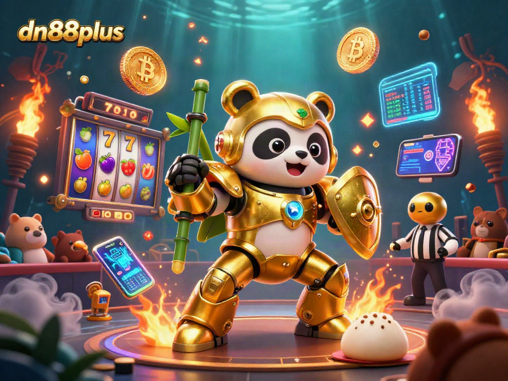 Engage in thrilling casino action with dn88plus, where a golden panda battles in a lively arena.
