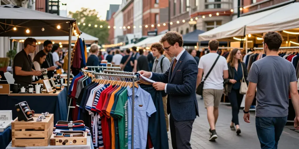 Stylish man exploring men's clothing online boutique on vibrant urban street.