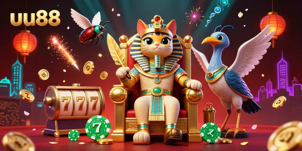 Engage with uu88's vibrant casino atmosphere featuring a pharaoh cat and dynamic game elements.