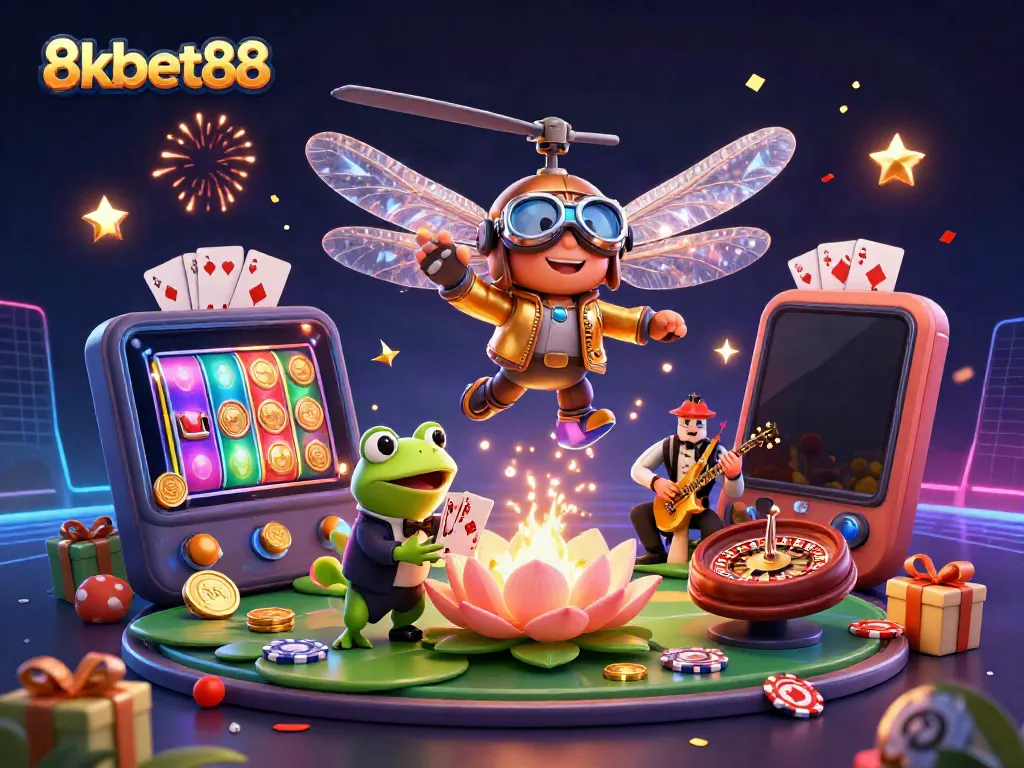 Experience thrilling gaming action with 8xbet88 at a whimsical casino scene featuring unique characters.