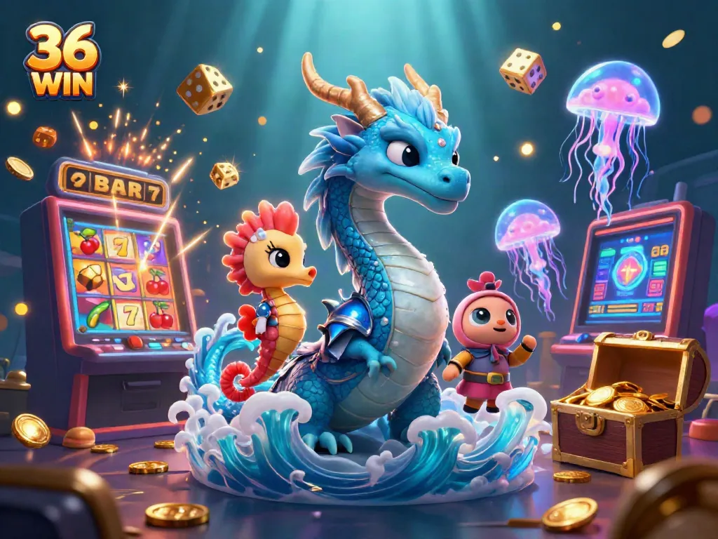36 WIN jackpot with a 3D dragon, seahorse knight, neon jellyfish, and slot machine explosion.