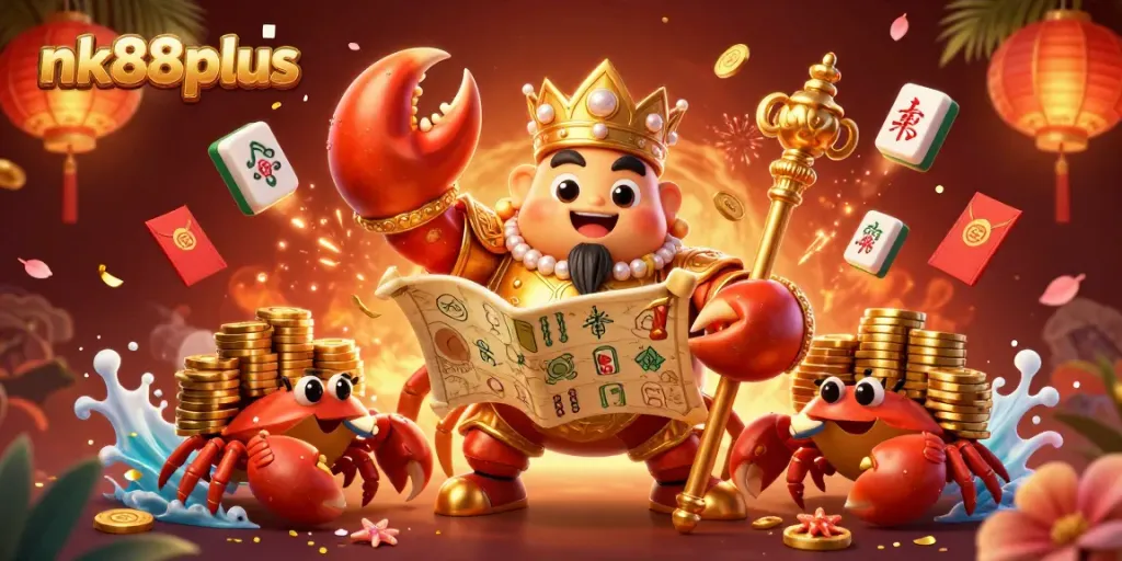 Engage in thrilling games at nk88plus with a ceremonial golden crab hosting a rich casino scene.