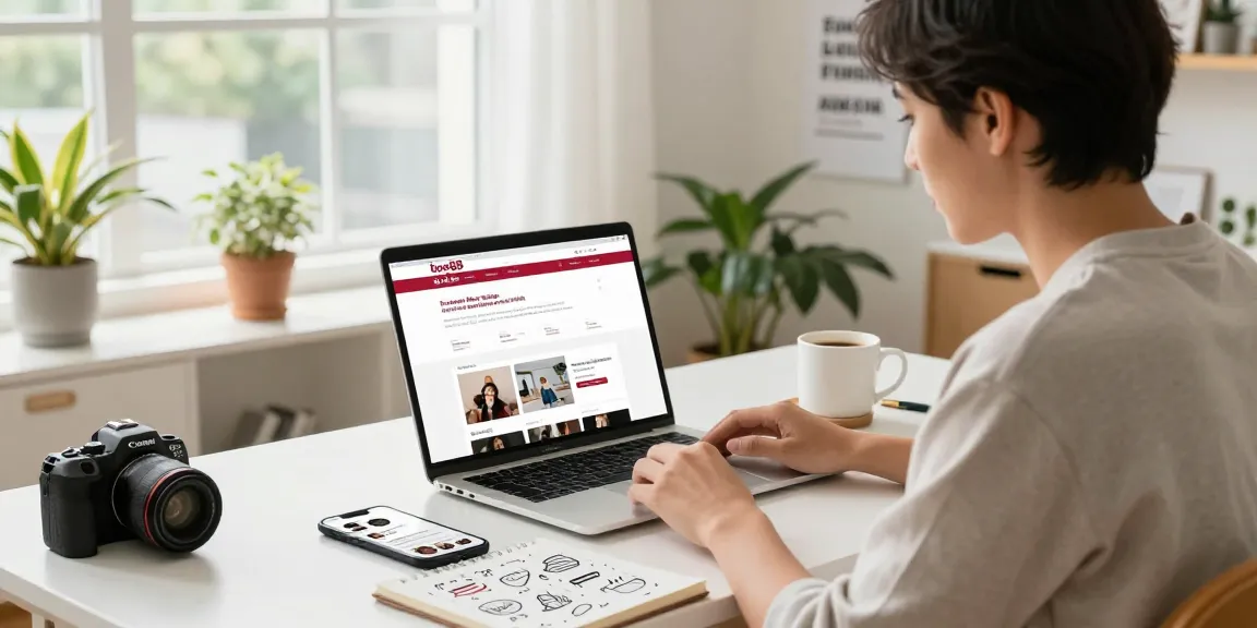 Ruang kerja e-commerce dengan bos88 di layar laptop, suasana cerah dan produktif.